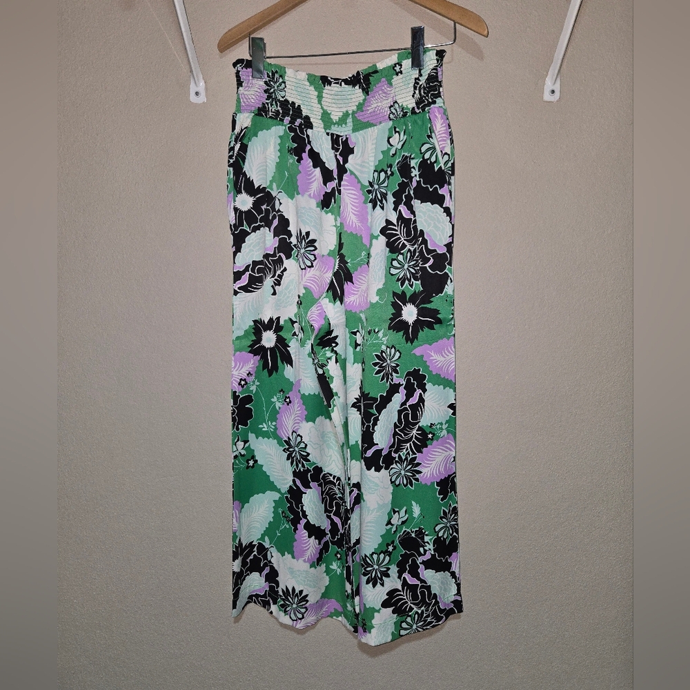 Floral Wide-Leg Pants in Green and Purple